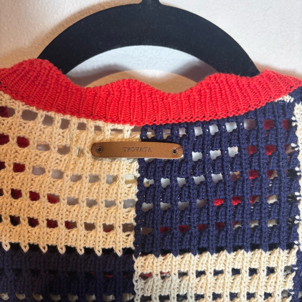 Trovata Birds Of Paradise Jules Sweater T Shirt Womens Small Crochet Check Navy - Picture 7 of 7